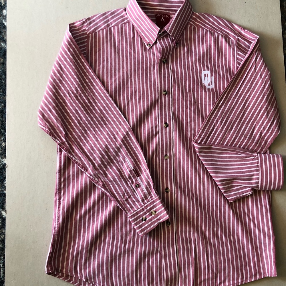 Antigua Men Shirt Long Sleeve OU Oklahoma Stripped red white Size L Large.